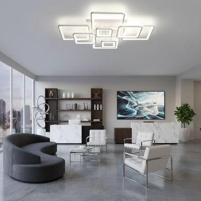 Lustra LED cu telecomanda ELLA 187W, 8 Patrate, lumina Rece/Calda/Neutra, Dimabila, Alb, Metal si Acril