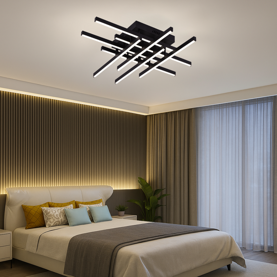 Lustra LED cu Telecomanda LINEX, 108W, 8 elemente, Lumina Rece/Calda/Neutra, Dimabila, Negru Lustre LED cu Telecomanda Default Title Alessandro Design