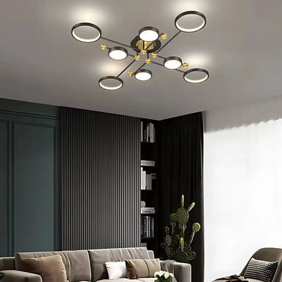 Lustra LED cu Telecomanda MARIA, 44W, 8 Elemente, Lumina Calda/Rece/Neutra, Dimabila, Negru/Auriu