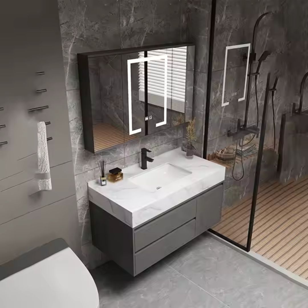 Set Mobilier pentru Baie SANTORINI, Dulap Lavoar + Dulap Oglinda 80cm, 2 Piese, Gri si Alb Mobilier Baie Default Title Alessandro Design