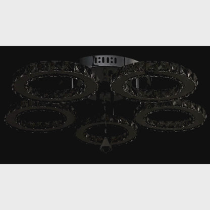 Lustra LED cu telecomanda si cristal ALANUBIS 80W, 5 Cercuri, lumina Rece/Calda/Neutra, Dimabila, Crom Lucios