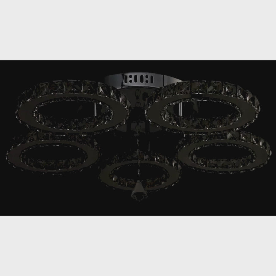 Lustra LED cu telecomanda si cristal ALANUBIS 80W, 5 Cercuri, lumina Rece/Calda/Neutra, Dimabila, Crom Lucios