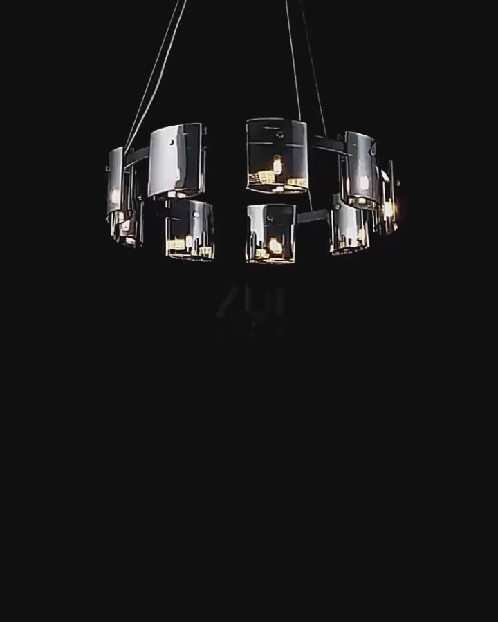 Candelabru Modern, Valmontreux Largo, 8xG9, Diametru 80cm, Negru si Cristale Cenusii, Inaltime Reglabila, Metal si Cristal