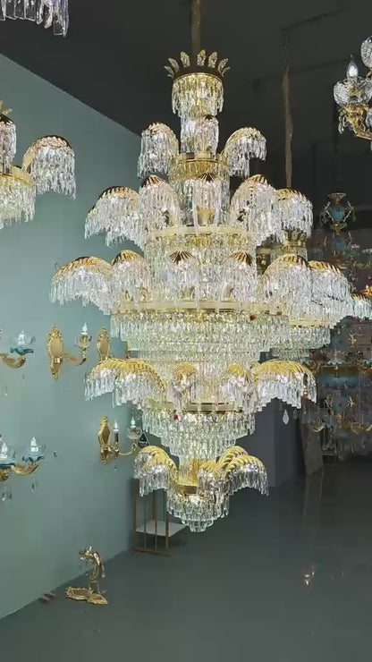 Candelabru Cristal PALACE Grande, 52 de brate, 96xG9, Diametru 150cm, Inaltime 230cm, Auriu Lucios, Inaltime Reglabila, Design Elegant