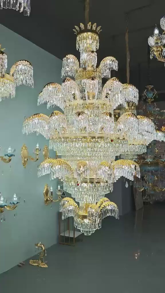 Candelabru Cristal PALACE Grande, 52 de brate, 96xG9, Diametru 150cm, Inaltime 230cm, Auriu Lucios, Inaltime Reglabila, Design Elegant