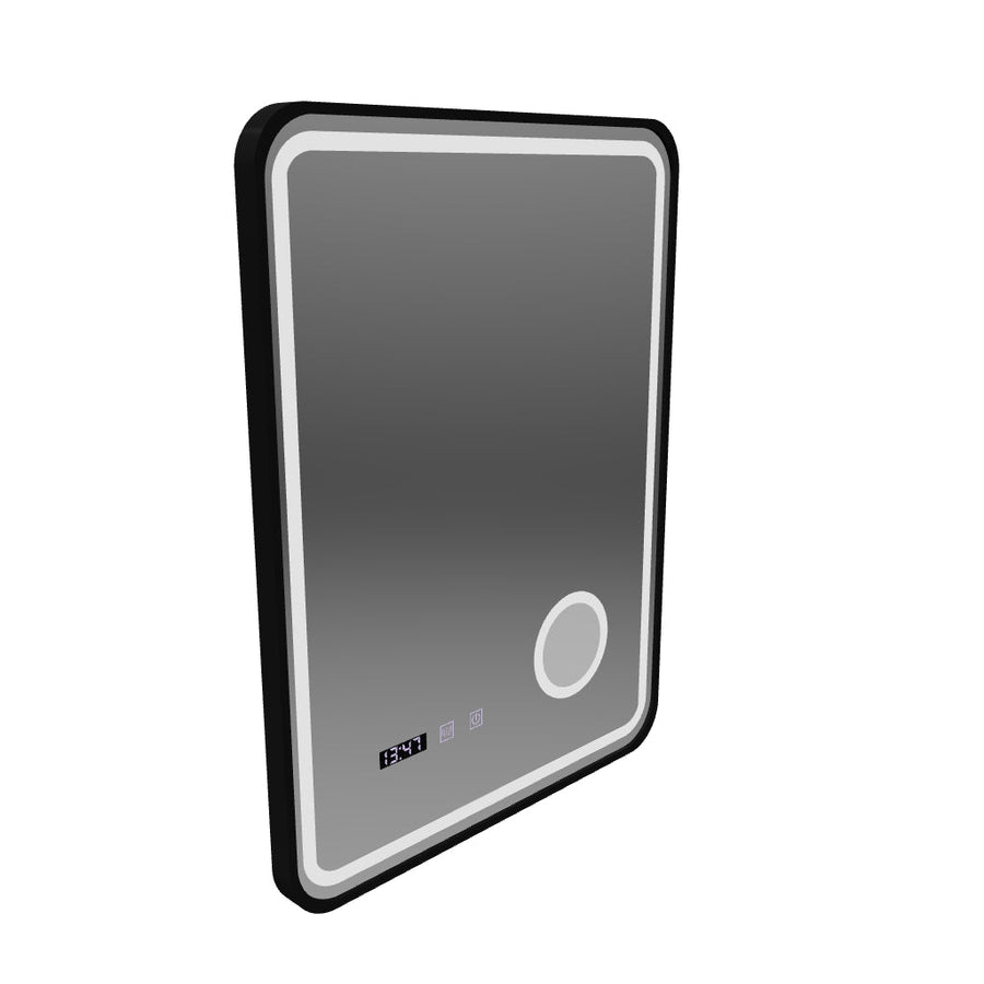 Oglinda LED Touch Ulrich Sistem Dezaburire, Ceas si Temperatura 75x90 cm Rama Negru Brushed Lupa Cosmetica