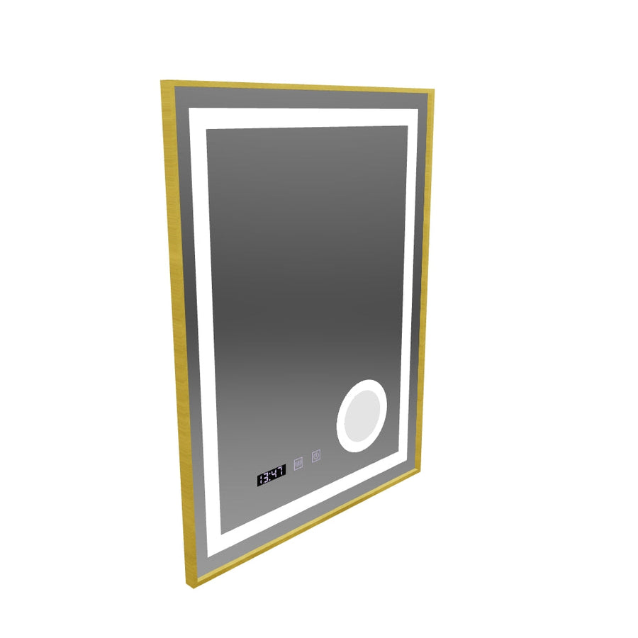 Oglinda LED Touch CLARUS Sistem Dezaburire, Ceas si Temperatura 60x80 cm Rama Auriu Brushed Lupa Cosmetica