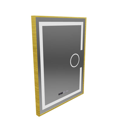 Oglinda LED Rectangulara, 60x80cm, Eclat MotionGlow Marcello, Sistem Dezaburire, Ceas & Termometru, Lupa Cosmetica, Dimabila, Rama Auriu Brushed