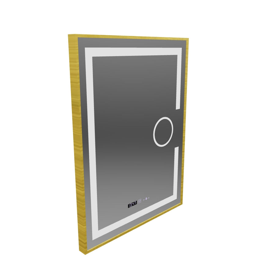 Oglinda LED Rectangulara, 60x80cm, Eclat MotionGlow Marcello, Sistem Dezaburire, Ceas & Termometru, Lupa Cosmetica, Dimabila, Rama Auriu Brushed