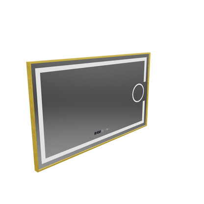 Oglinda LED Rectangulara, 110x65cm, Eclat MotionGlow Marcello, Sistem Dezaburire, Ceas & Termometru, Lupa Cosmetica, Dimabila, Rama Auriu Brushed