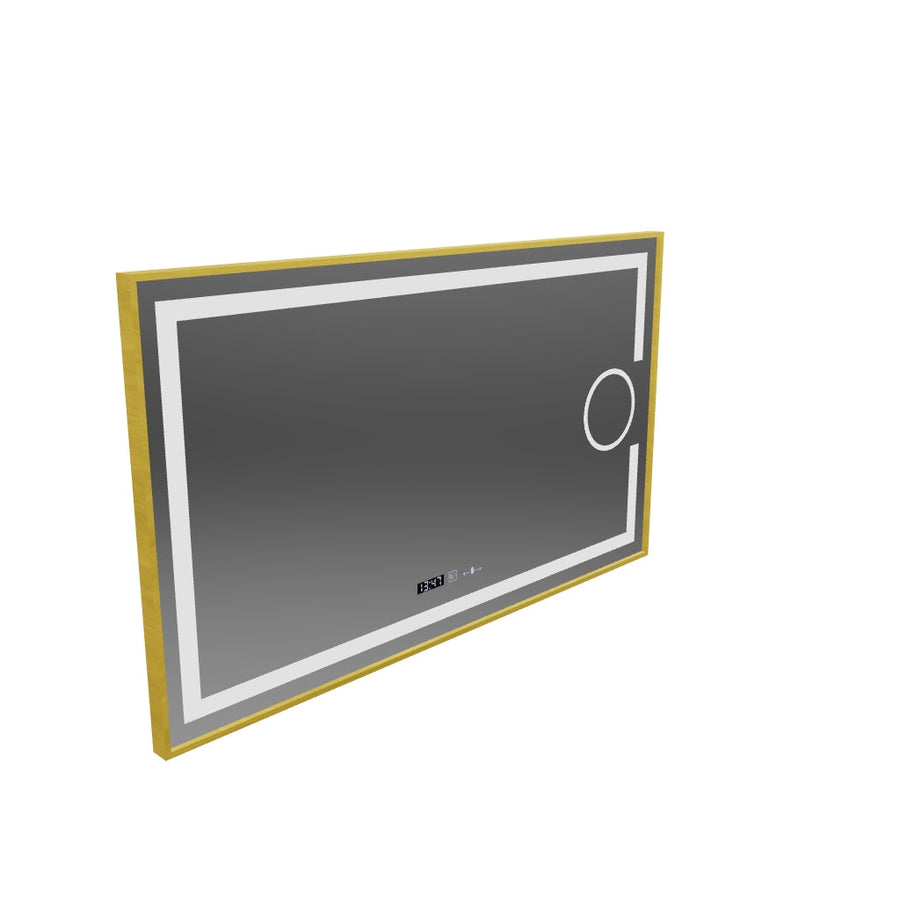 Oglinda LED Rectangulara, 110x65cm, Eclat MotionGlow Marcello, Sistem Dezaburire, Ceas & Termometru, Lupa Cosmetica, Dimabila, Rama Auriu Brushed