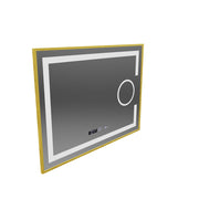 Oglinda LED Rectangulara, 80x60cm, Eclat MotionGlow Marcello, Sistem Dezaburire, Ceas & Termometru, Lupa Cosmetica, Dimabila, Rama Auriu Brushed
