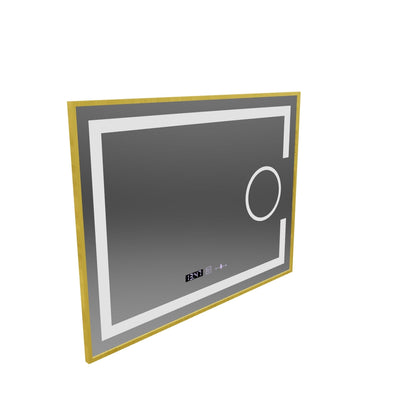 Oglinda LED Rectangulara, 80x60cm, Eclat MotionGlow Marcello, Sistem Dezaburire, Ceas & Termometru, Lupa Cosmetica, Dimabila, Rama Auriu Brushed