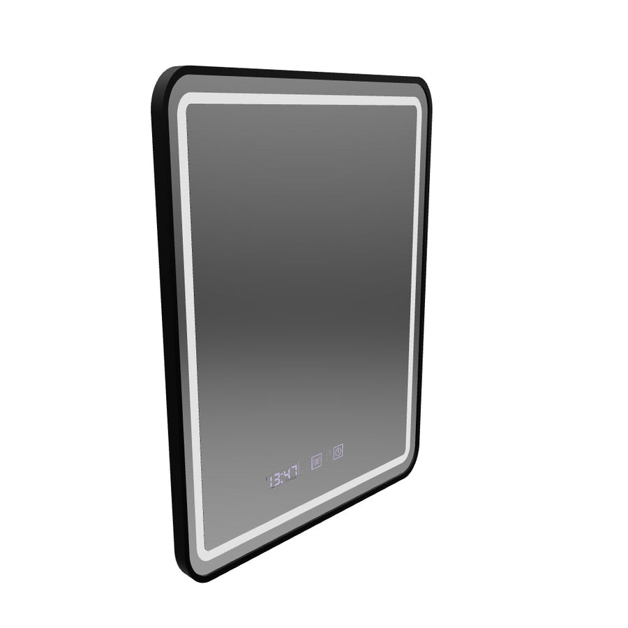 Oglinda LED Touch LUCIDA Sistem Dezaburire, Ceas si Temperatura 60x80 cm Rama Negru Brushed