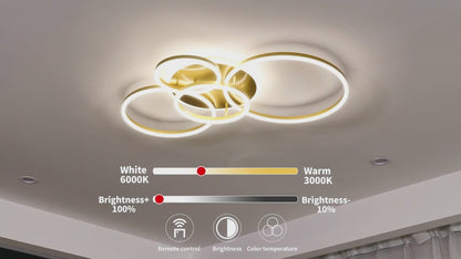 Lustra LED cu Telecomanda RINOVA, 4 cercuri, 112W, Lumina Calda/Rece/Neutra, Dimabila, Auriu