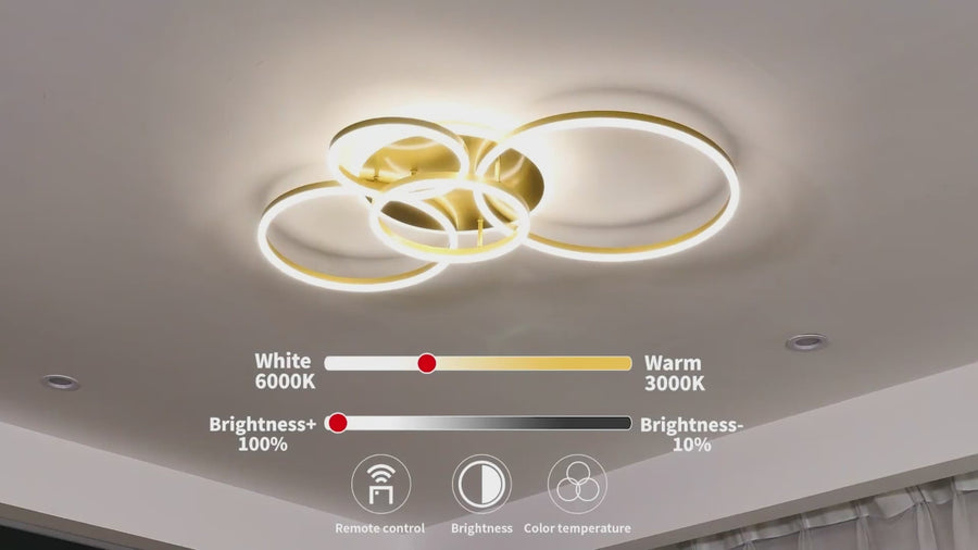 Lustra LED cu Telecomanda RINOVA, 4 cercuri, 112W, Lumina Calda/Rece/Neutra, Dimabila, Auriu